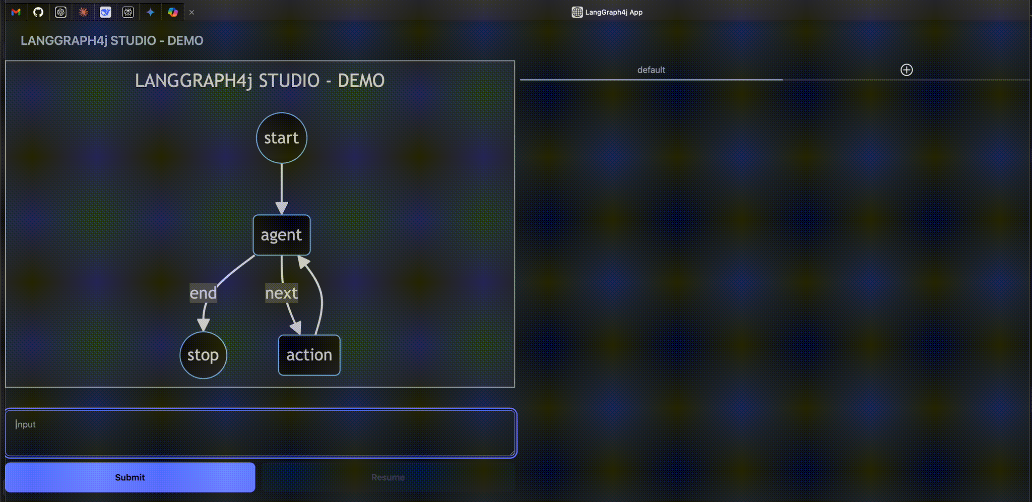 LangGraph4j Studio 1.8 showing a dark graph panel and execution state